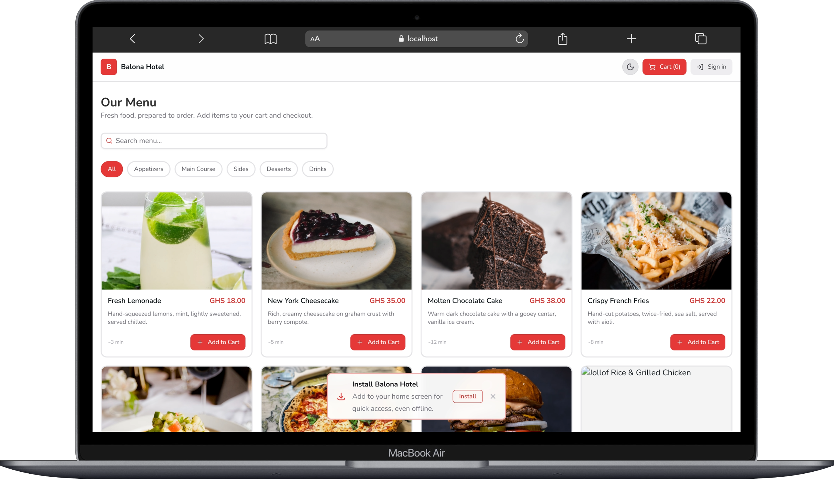 Balona admin dashboard, light mode menu view