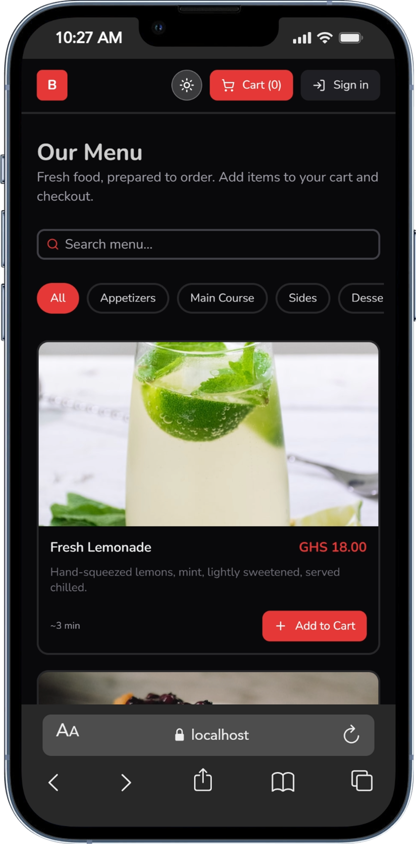Balona installed on iPhone — customer ordering view